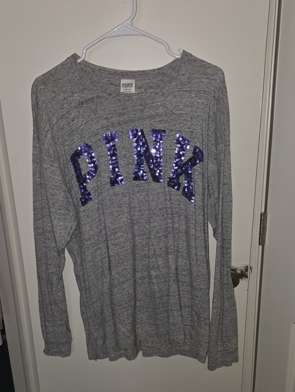 PINK Victoria's Secret Gray Long Sleeve Tee with Purple Sequin Logo